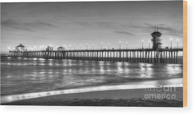 Huntington Beach Wood Print featuring the photograph Huntington Beach Pier Twilight - Black and White by Jim Carrell