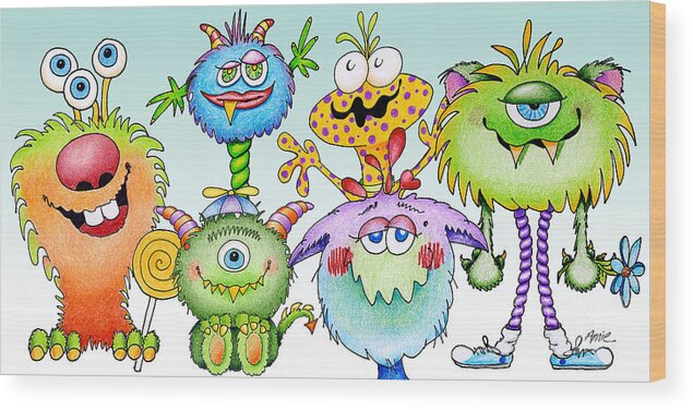 Color Pencil Wood Print featuring the painting Monster Friends by Annie Troe