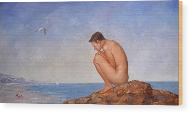 Original. Oil Painting Art Wood Print featuring the painting Original classic oil painting man body art-male nude and sea gull #16-2-4-06 by Hongtao Huang