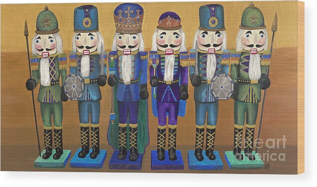 Nutcrackers Wood Print featuring the painting Peacock Nutcrackers by Patty Vicknair