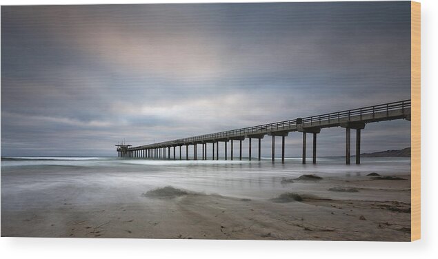 Beach Wood Print featuring the photograph Scripps Pier Wide -Lrg Print by Peter Tellone
