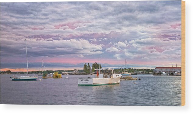 #boothbay#harbor#maine#summer#nights#boats#sunrise Wood Print featuring the photograph Sunrise on Boothbay Harbor by Darylann Leonard Photography