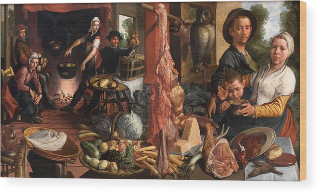 Pieter Aertsen Wood Print featuring the painting The Fat Kitchen. An Allegory by Pieter Aertsen