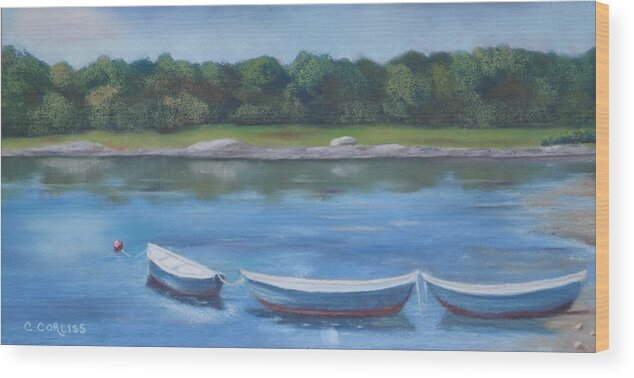 Maine Wood Print featuring the pastel Three Dories by Carol Corliss