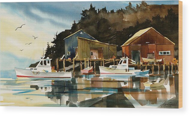 Reflective Waters Of Inlet Dock And Boats. Wood Print featuring the painting  Black Mt. Inlet by Art Scholz