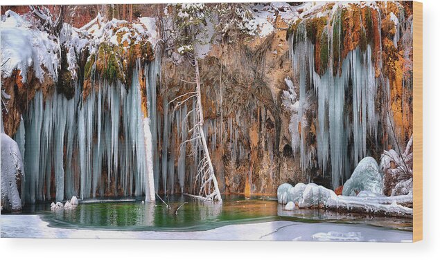 Hanging Wood Print featuring the digital art A spring that knows no summer. - Hanging Lake Print by Lena Owens - OLena Art Vibrant Palette Knife and Graphic Design