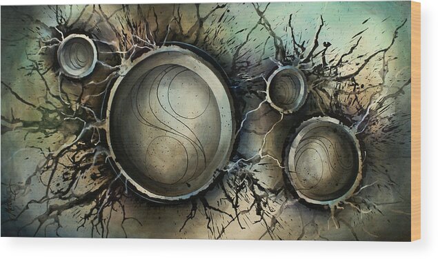 Abstract Design Blues Grays Browns Circles Spheres Round Modern Contemporary Decor Design Wood Print featuring the painting Abstract Design 45 by Michael Lang