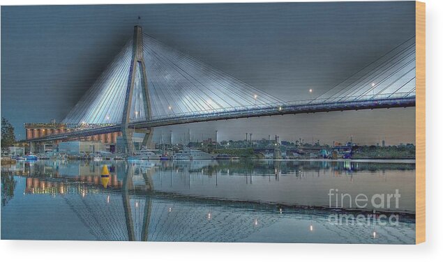 Australian Wood Print featuring the photograph  Anzac Bridge by Moonlight. by Geoff Childs