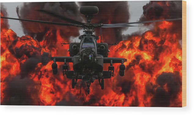 British Army Apache Westland Ah1 Attack Helicopter Riat Fairford 2017 Royal International Air Tattoo England Uk Wood Print featuring the photograph Apache Wall of Fire by Tim Beach