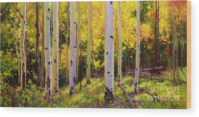 Aspen Forest Tree Wood Print featuring the painting Aspen Symphony by Gary Kim
