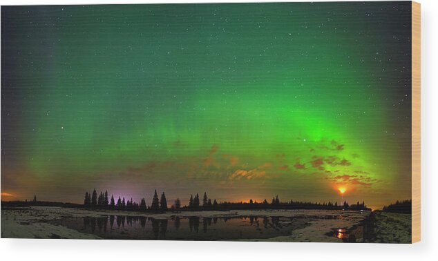 Aurora Borealis Wood Print featuring the photograph Aurora Over Pond Panorama by Dan Jurak