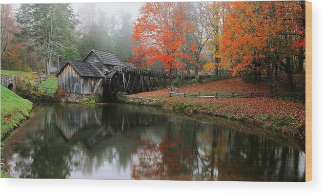Mabry Mill Wood Print featuring the photograph Autumn Foggy Morning At Mabry Mill Virginia by Carol Montoya