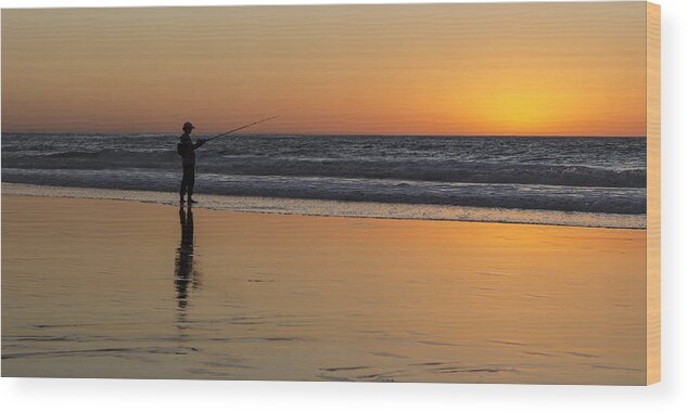 Outdoor Wood Print featuring the photograph Beach Fishing at Sunset by Ed Clark