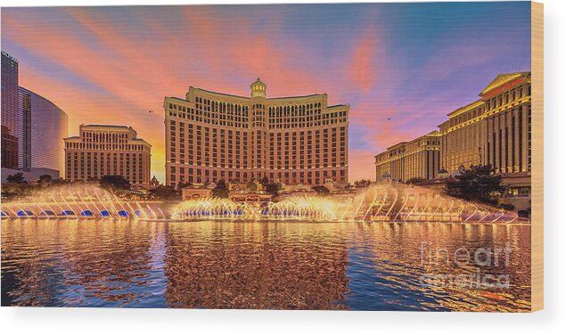 Bellagio Wood Print featuring the photograph Bellagio Fountains Warm Sunset 2 to 1 Ratio by Aloha Art
