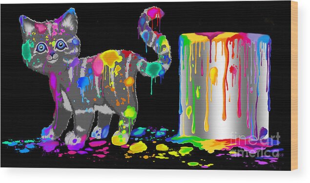 Cat Wood Print featuring the painting Colorful Artistic Kitty by Nick Gustafson