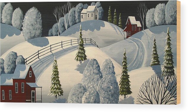Art Wood Print featuring the painting Country Winter Night - folk art landscape by Debbie Criswell