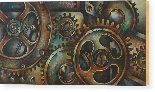 Mechanical Machine Gears Sprokets Metal Rust Wood Print featuring the painting Design 2 by Michael Lang