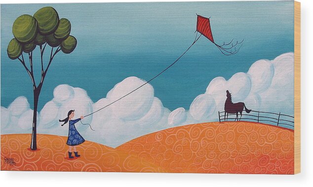 Art Wood Print featuring the painting Flying With Becky - whimsical landscape by Debbie Criswell