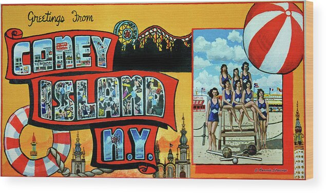 Coney Island Wood Print featuring the painting Greetings From Coney Island Towel Verson by Bonnie Siracusa