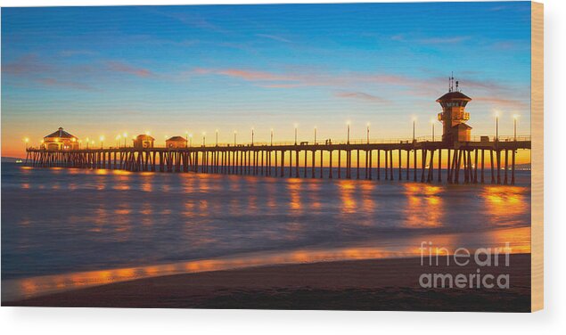 Huntington Beach Wood Print featuring the photograph Huntington Beach Pier - Twilight by Jim Carrell