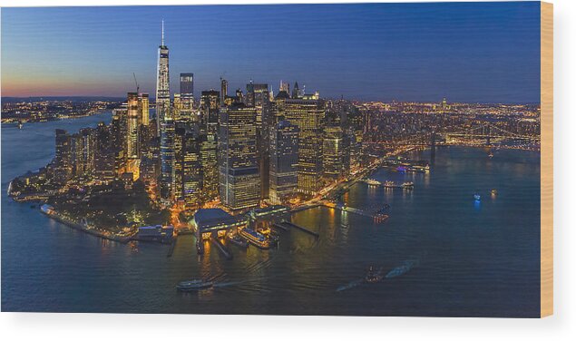 Aerial View Wood Print featuring the photograph Illuminated Lower Manhattan NYC by Susan Candelario