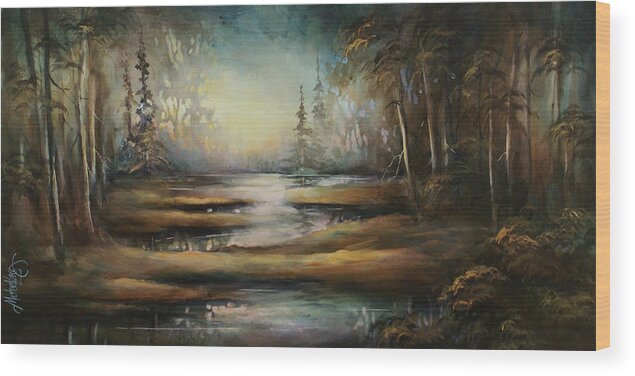 Landscape Quiet Scenery Water River Woods Trees Nature Scenic Wood Print featuring the painting Landscape 10 by Michael Lang
