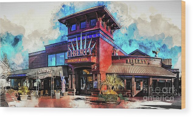 Liberty Wood Print featuring the digital art Liberty Brewery and Grill Myrtle Beach by David Smith