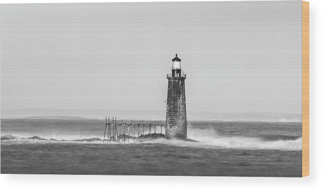 Maine Wood Print featuring the photograph Maine Ram Island Ledge Lighthouse and Windy Surf in BW Panorama by Ranjay Mitra
