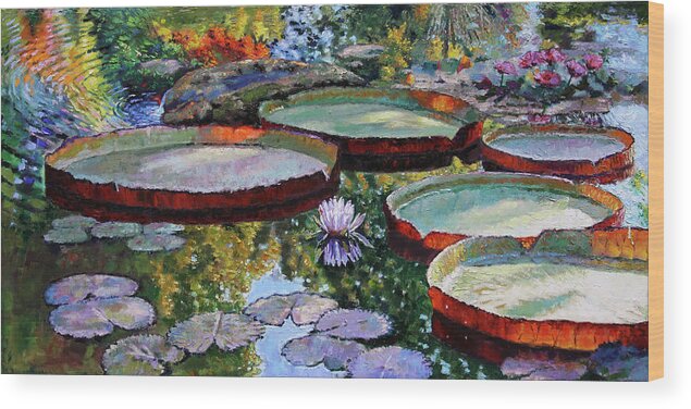 Water Lilies Wood Print featuring the painting Morning Sunlight on Fall Lily Pond by John Lautermilch