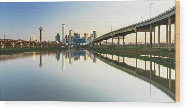 Dallas Wood Print featuring the photograph Panorama of Dallas Skyline with reflection 2 by Mati Krimerman