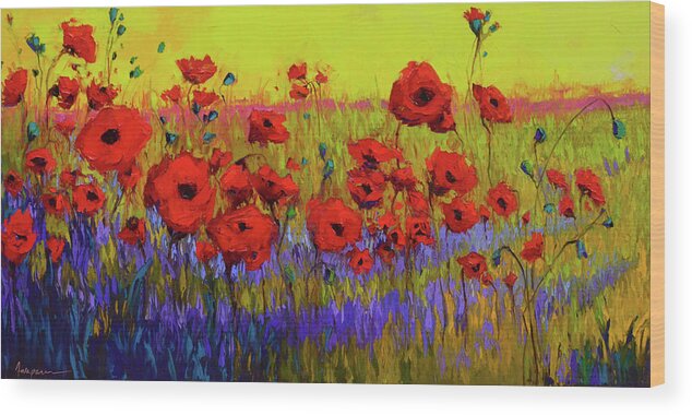Colorful Wildflowers Wood Print featuring the painting Poppy Flower Field Oil Painting with Palette knife by Patricia Awapara
