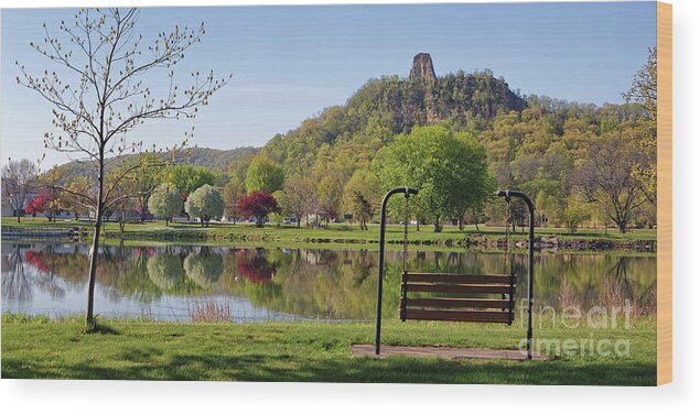 Winona Minnesota Wood Print featuring the photograph Spring Sugarloaf with Bench and Budding Tree by Kari Yearous