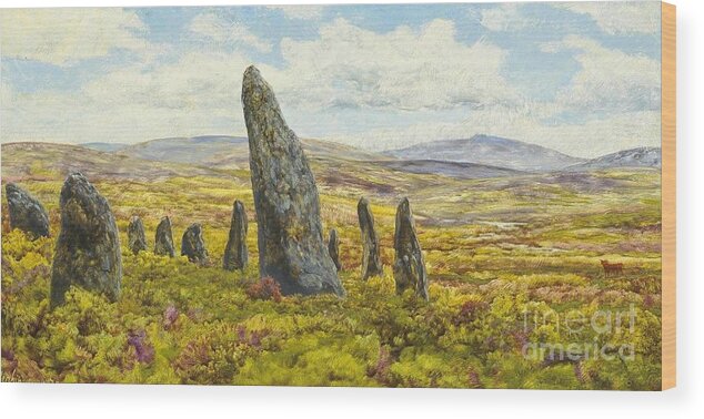 John Brett - Stone Circle On Dartmoor 1878.village Wood Print featuring the painting Stone circle on Dartmoor by MotionAge Designs