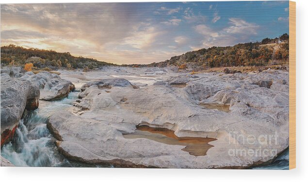 Pedernales Wood Print featuring the photograph Sunset Panorama of the Pedernales River at Pedernales Falls State Park - Jonhson City Hill Country by Silvio Ligutti