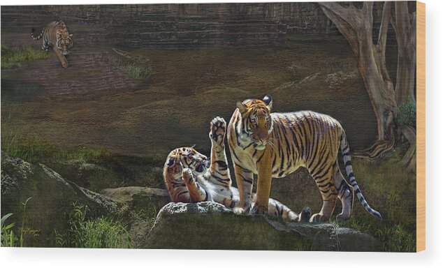 Tiger Wood Print featuring the digital art Tigers In The Night by Thanh Thuy Nguyen