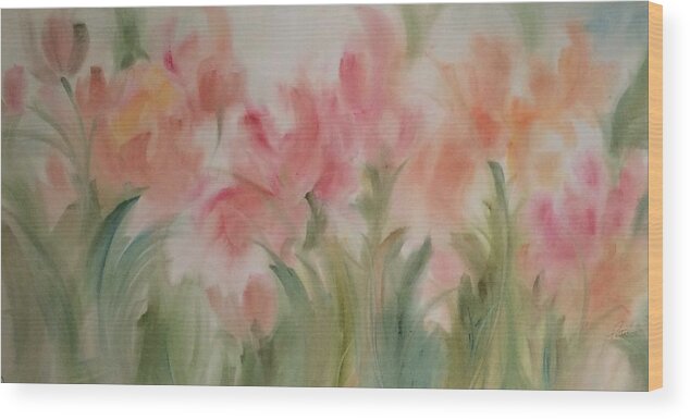 Spring Wood Print featuring the painting Tulip Garden by Karen Ann Patton