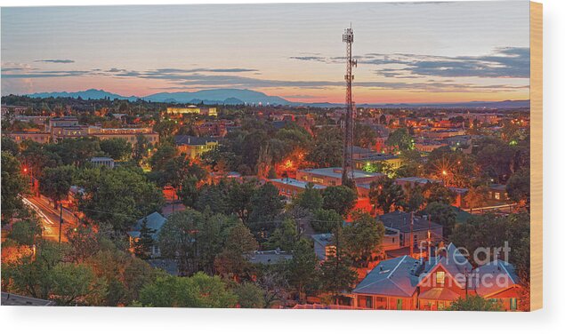 Santa Fe Wood Print featuring the photograph Twilight Panorama of Downtown Santa Fe from Cross of the Martyrs - New Mexico by Silvio Ligutti