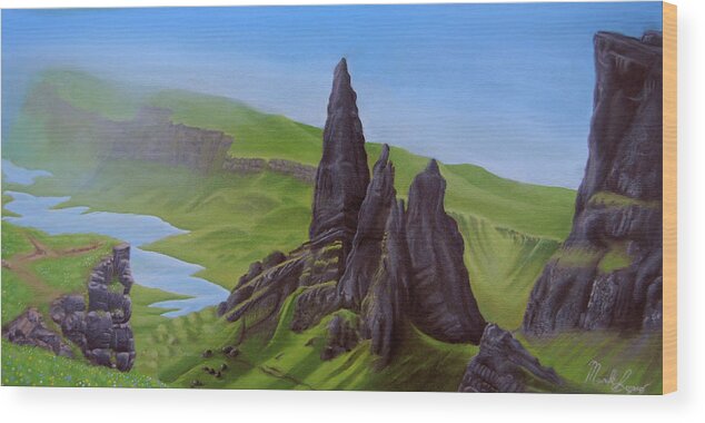Landscape Wood Print featuring the painting Where Giants Roam the Skye by Mark Lopez
