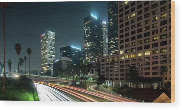 Sunset Wood Print featuring the photograph Los Angeles, Urban City at Sunset with Freeway Trafic #3 by Alex Grichenko