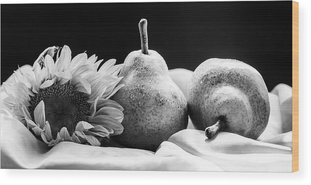 Still Life Wood Print featuring the photograph A Sunflower and Pears in Black and White by Maggie Terlecki