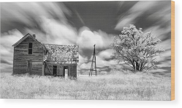 Infrared
Monochrome
Americana
Gothic
Abandoned
Homestead
Kansas
Farm
Long Exposure
Clouds
Weather Wood Print featuring the photograph Abandoned (ir) by Rob Darby