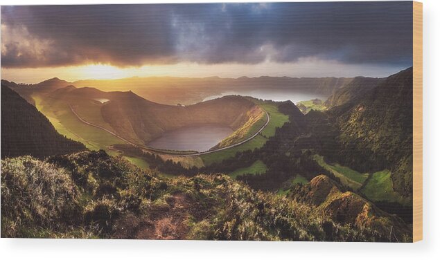 Azores Wood Print featuring the photograph Azores - Sete Cidades Sunset Panorama by Jean Claude Castor