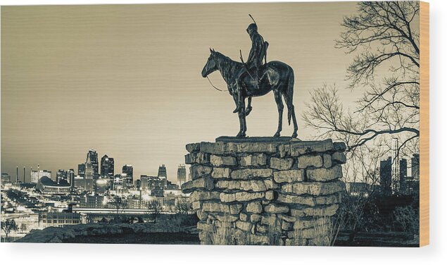 America Wood Print featuring the photograph Kansas City Scout and Skyline Panorama - Sepia Edition by Gregory Ballos