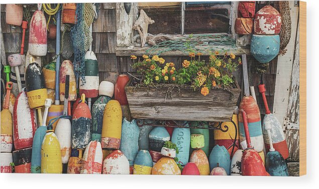 Lobster Buoy Panorama Wood Print featuring the photograph New England Lobster Buoys and Fishing Shack Panorama by Gregory Ballos