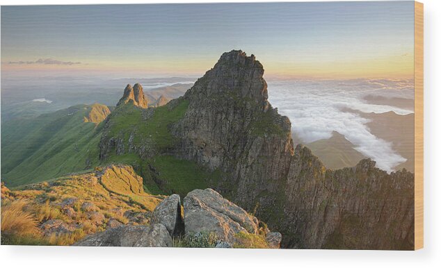 Tranquility Wood Print featuring the photograph Panoramic View Of Mountain Peak At Dawn by Emil Von Maltitz