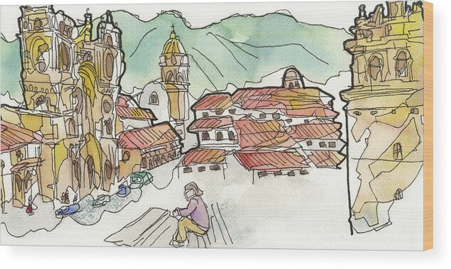 Landscape Wood Print featuring the painting Plaze de Armas, Cusco, Peru by Craig Macnaughton