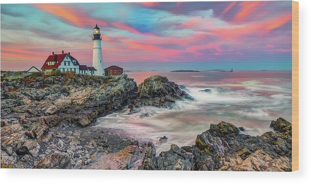 Portland Head Light Wood Print featuring the photograph Portland Head Light Panorama on Cape Elizabeth Maine at Sunset by Gregory Ballos