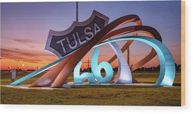 America Wood Print featuring the photograph Tulsa Oklahoma Route 66 Rising Sculpture Panorama at Dawn by Gregory Ballos