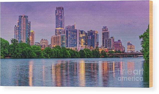 Downtown Austin Wood Print featuring the photograph Twilight Panorama of Downtown Austin Skyline and Lady Bird Lake - Austin Texas Hill Country by Silvio Ligutti