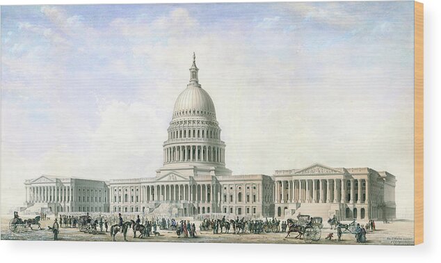 United States Capitol Wood Print featuring the drawing United States Capitol Design for New Dome and Wings 1855 by Thomas Ustick Walter